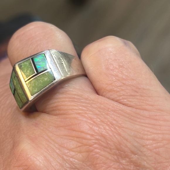 Silver Ring with Green and Blue Inlay - Picture 6 of 7